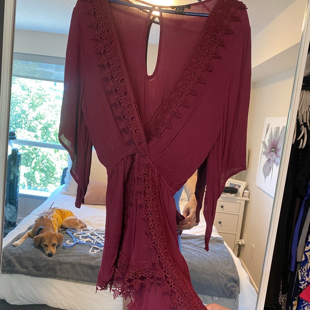 Burgundy Lace Trim Dress